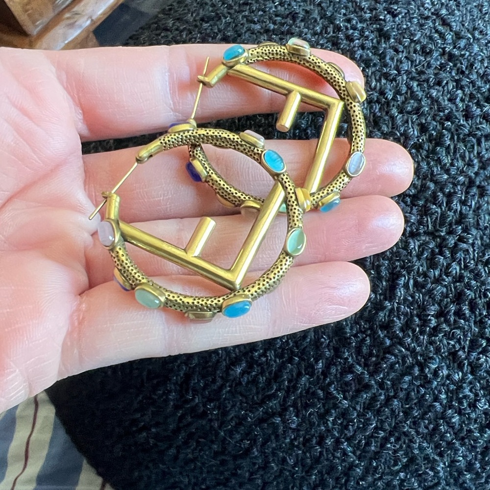 Fendi Gold Hoop Earrings with Turquoise Accents - Picture 2 of 12